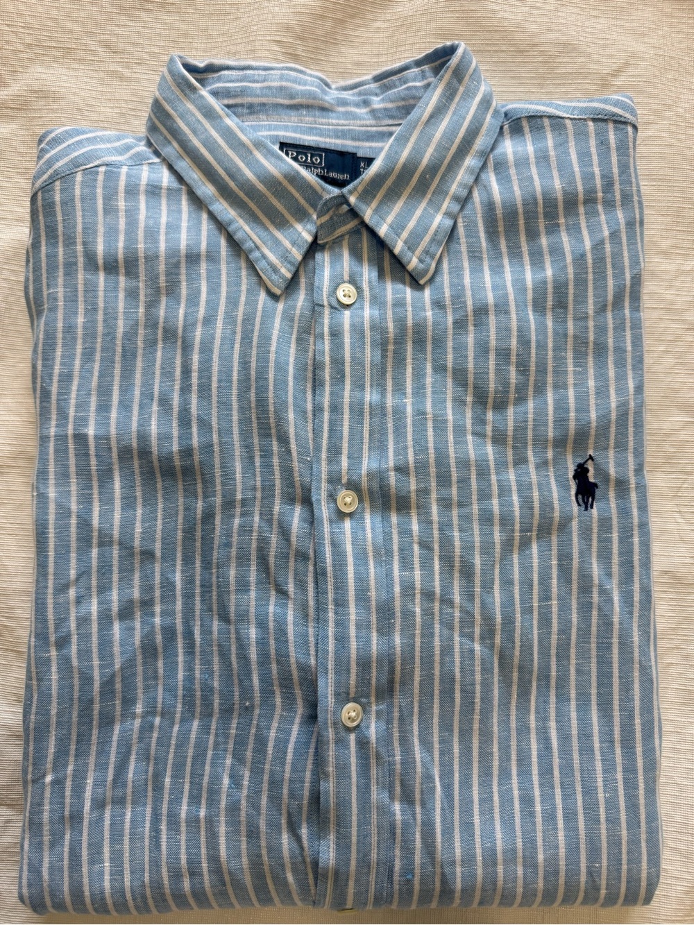 Polo by Ralph Lauren Linen Light Blue and White Striped Button-Down Shirt XL